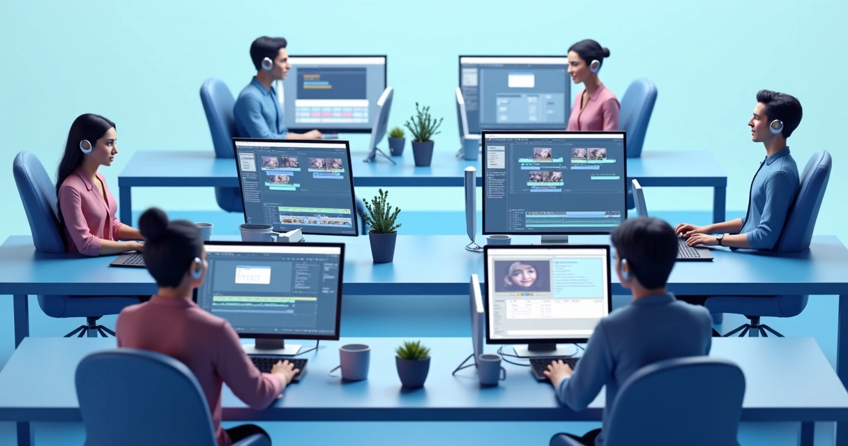 Equipe remota editando vídeos em plataformas digitais 