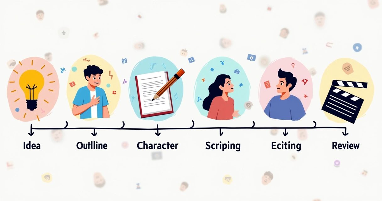 Fluxo de trabalho de roteiro de vídeo com etapas do processo 