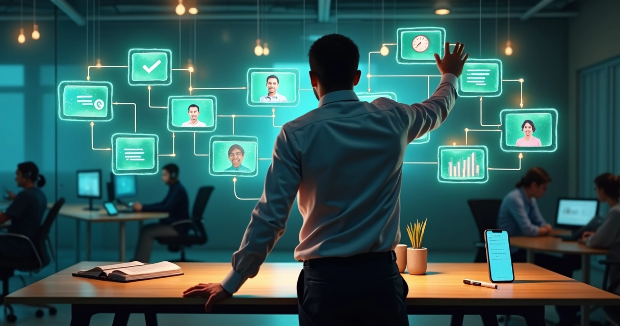 Gestor organiza fluxo de trabalho automatizado ligando equipe em escritório e equipe remota em telas flutuantes 