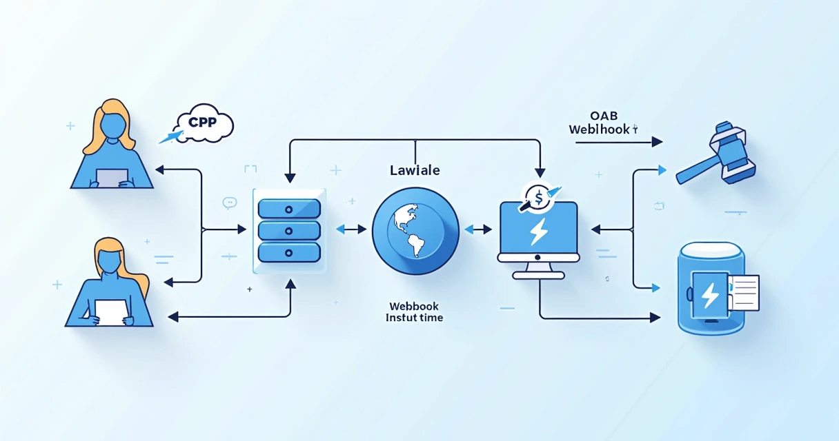 Fluxo visual de automação jurídica com API e webhooks 