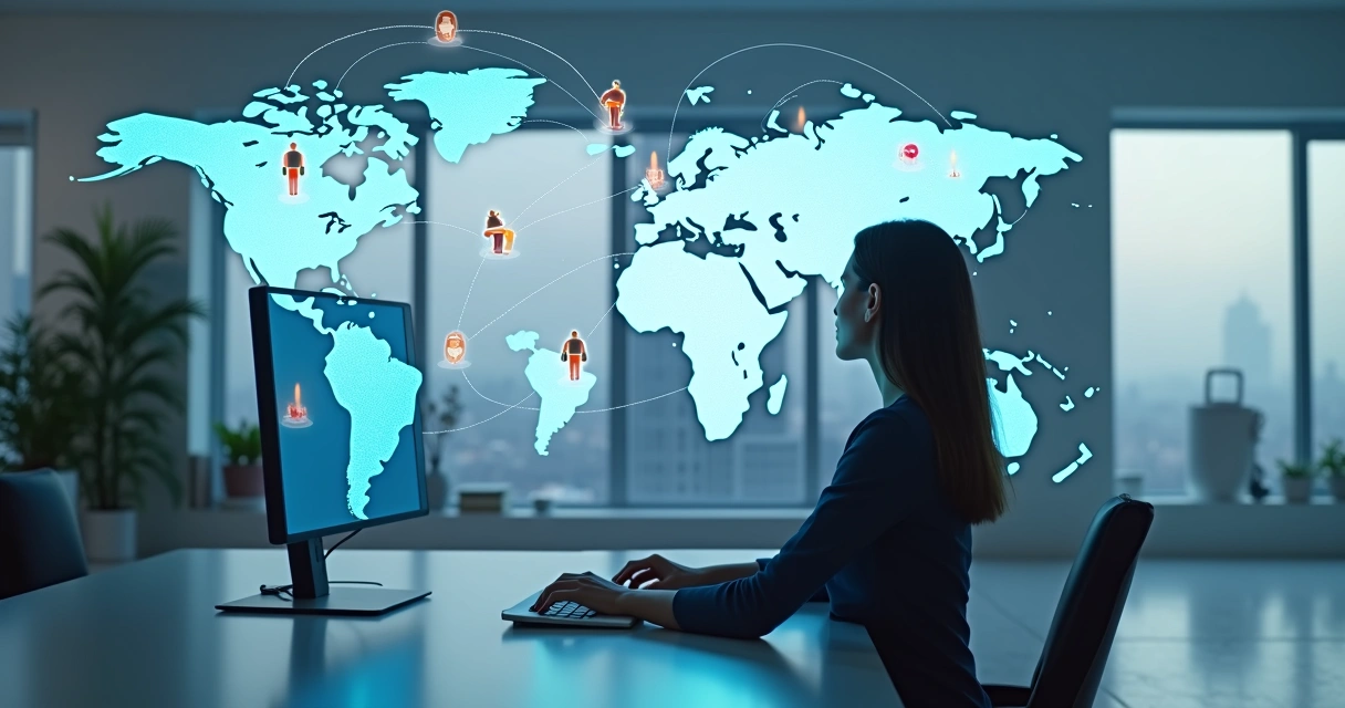 Businesswoman communicating with global team through one online platform 