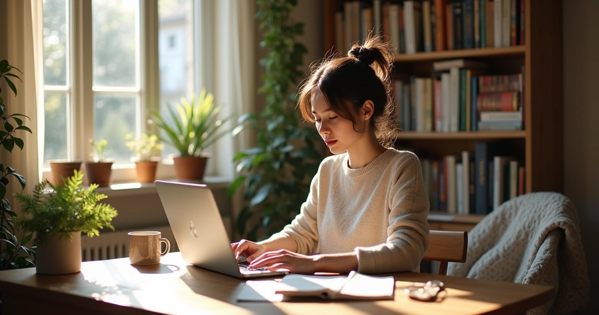 Young woman working on laptop at small home desk with notebooks, coffee, and plants