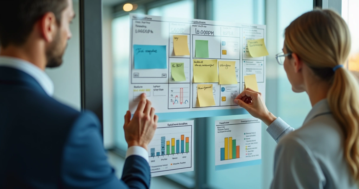 Manager planning workload with sticky notes and charts