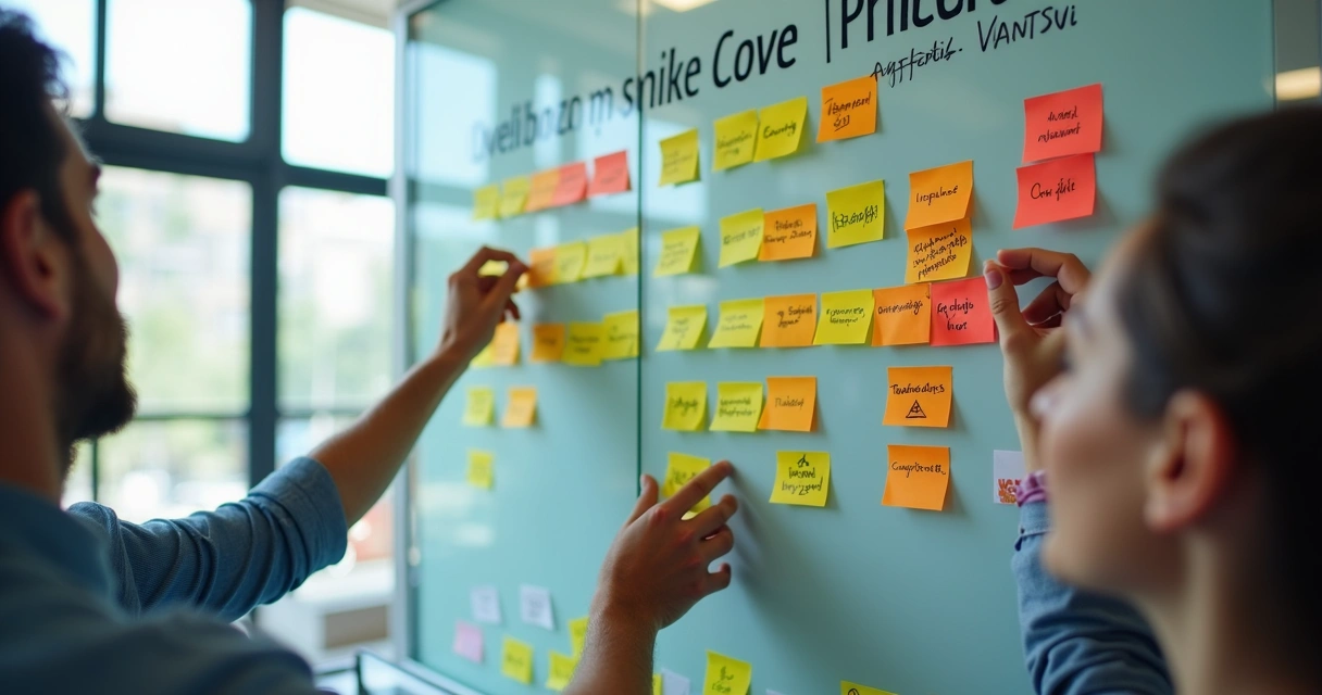 Hands adjusting sticky notes on a workload priority chart 