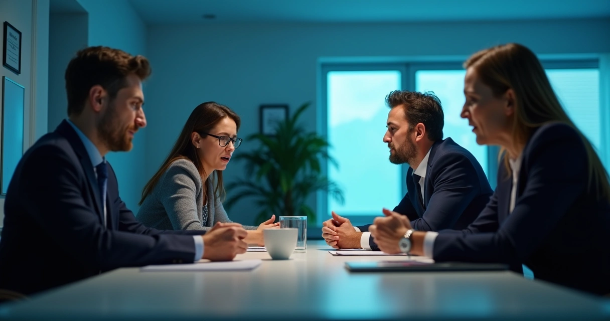 Colleagues in an office setting, one appears withdrawn while another looks frustrated. 