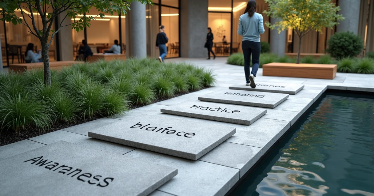 Six stepping stones with behavior change keywords leading through an office garden courtyard 