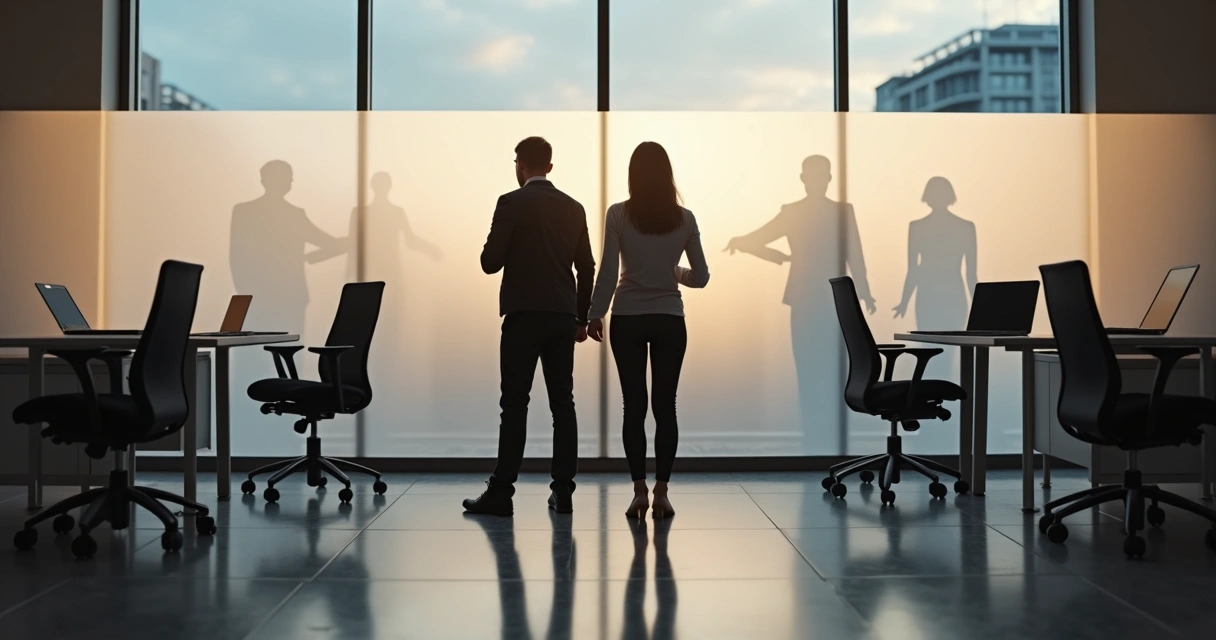 Two professionals in modern office casting family-shaped shadows on glass wall 