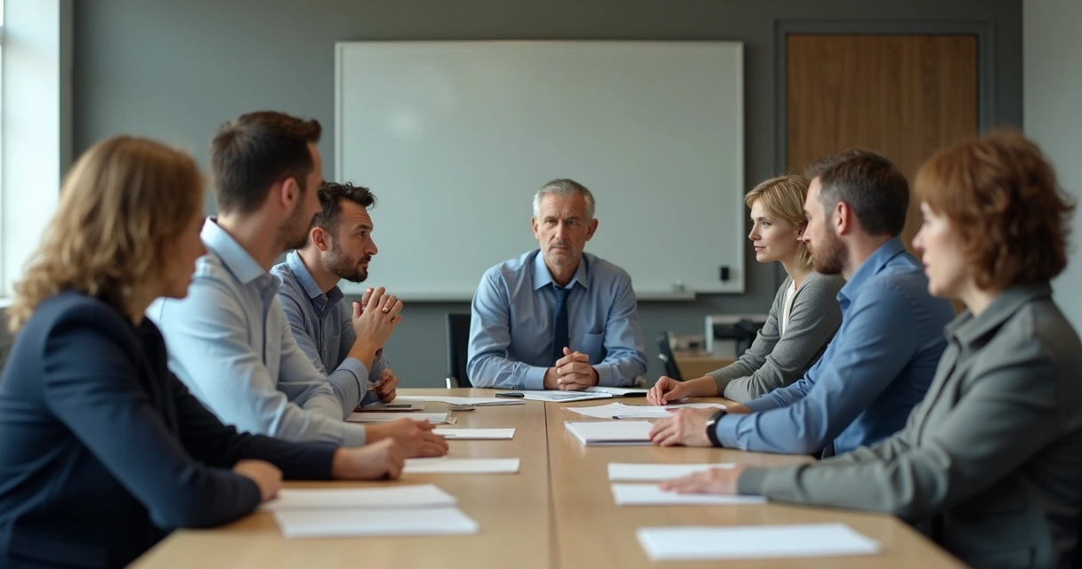 Employees in a meeting leaning away from each other, showing subtle tension in body language 