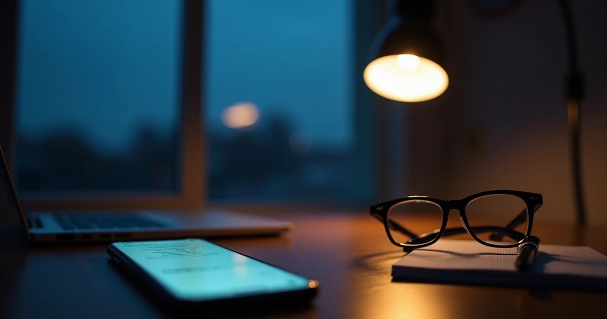Work phone on a table at night beside a closed laptop and notebook 