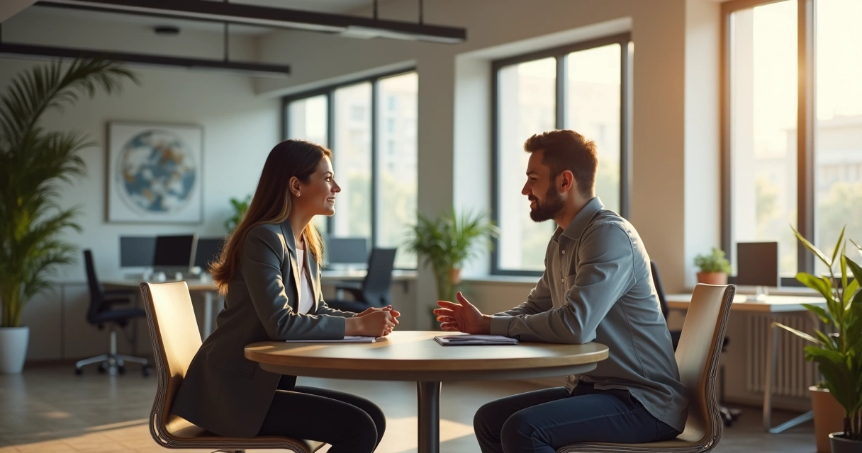 Coworkers engaged in a calm conversation in a modern office 