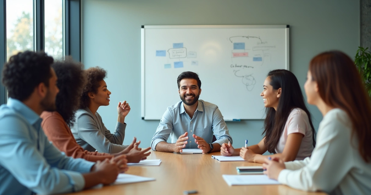 Coworkers around a table in a modern office, one person calmly leading a discussion while others listen and engage. 