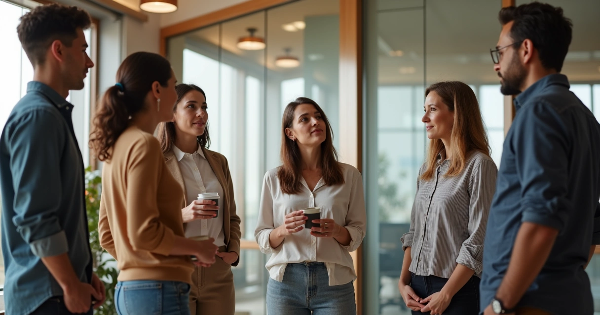 Coworkers in a brief workplace check-in circle before collaboration