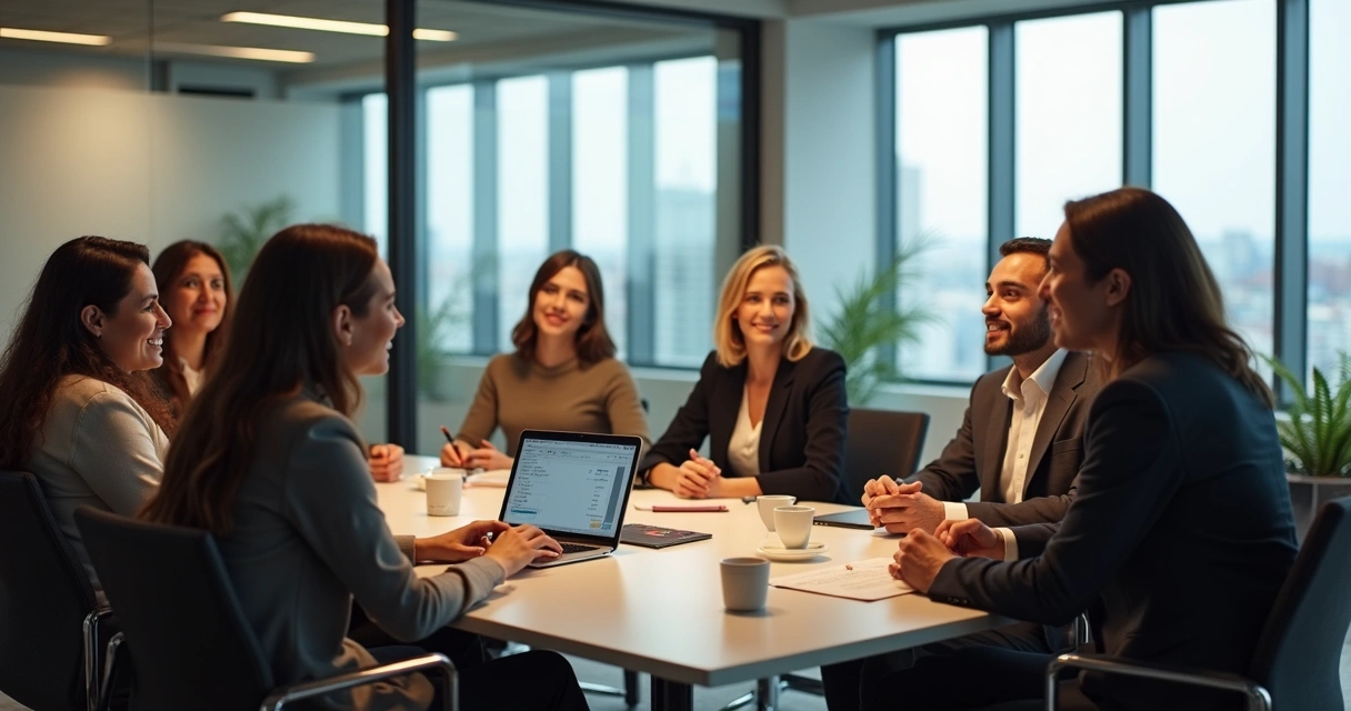 Business team sitting together, some collaborating and some disconnected 