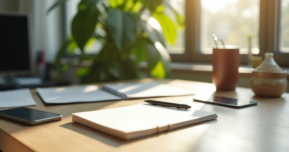 Organized desk with notebook and water bottle 