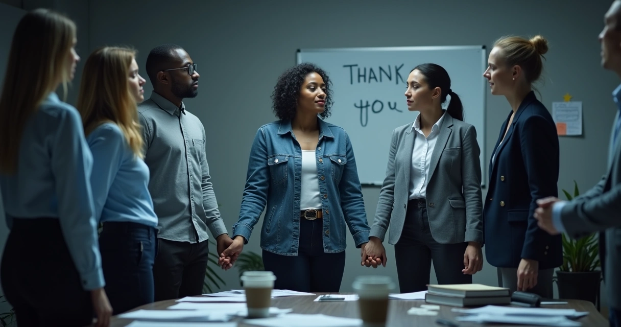 Group of coworkers standing in a circle holding hands in an office, sharing a moment of reflection