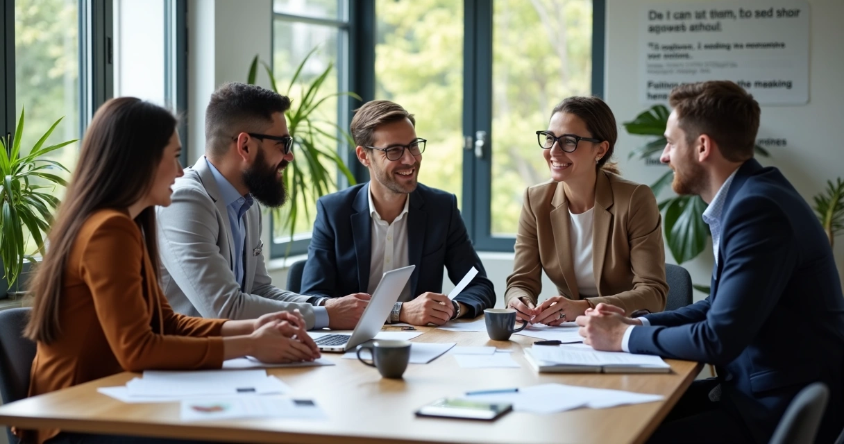 Colleagues collaborating around a table with papers and laptops 