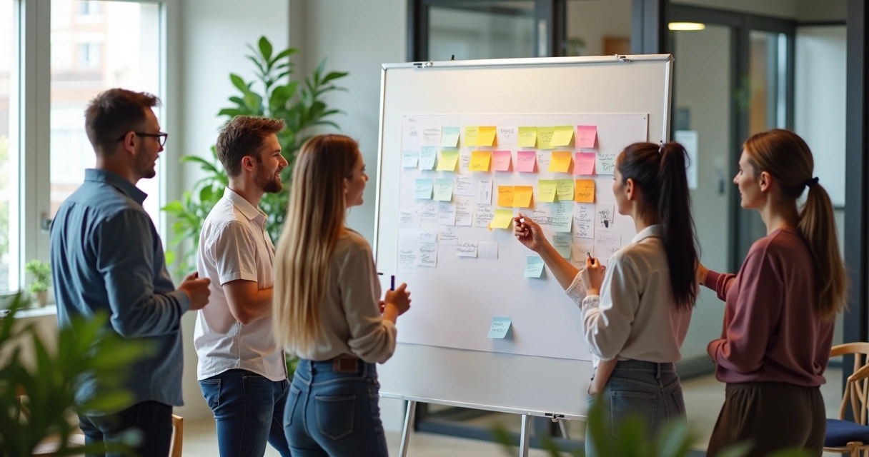 Coworkers brainstorming at a whiteboard with colorful post-it notes, energetic atmosphere.