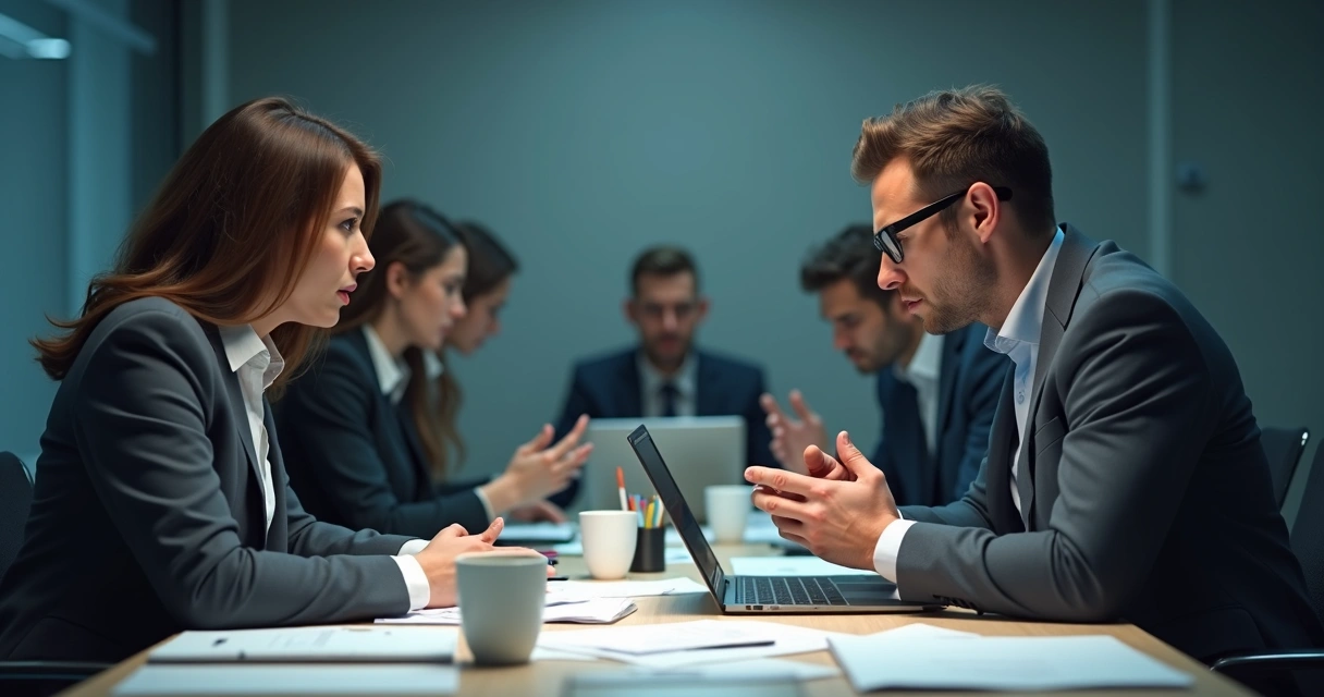 Two people having a discussion at an office table, with tense body language.