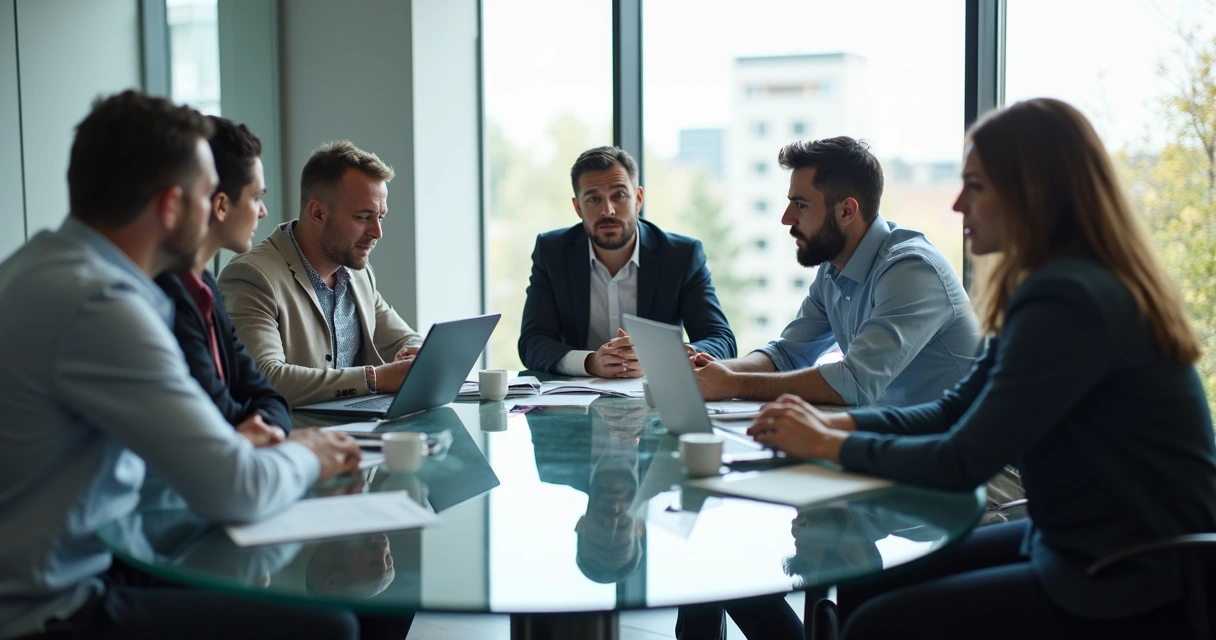 Work team sitting around a table with visible tension and awkward body language