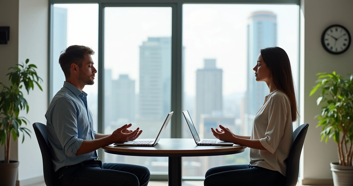 Two coworkers meditating together at a round table in bright office
