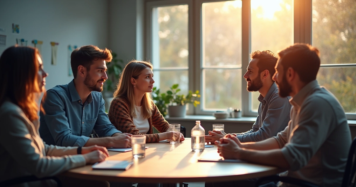 People discussing together around a table, showing systems and connections 