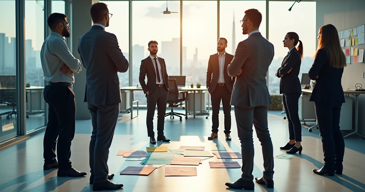 People standing in a circle in an office, each representing a different role in a company 