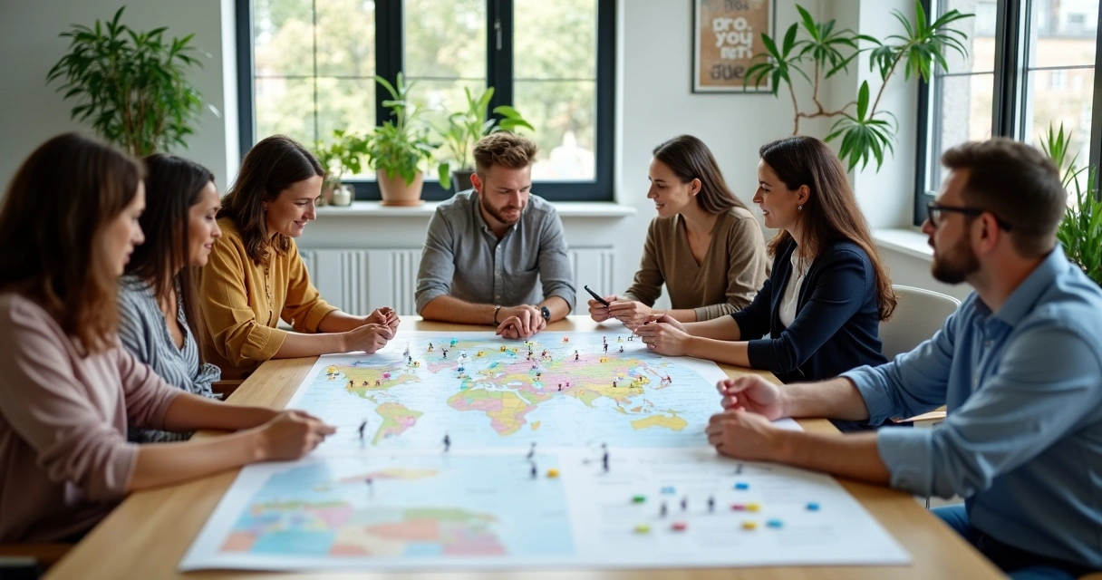 Systemic constellation team session with objects representing colleagues on a table