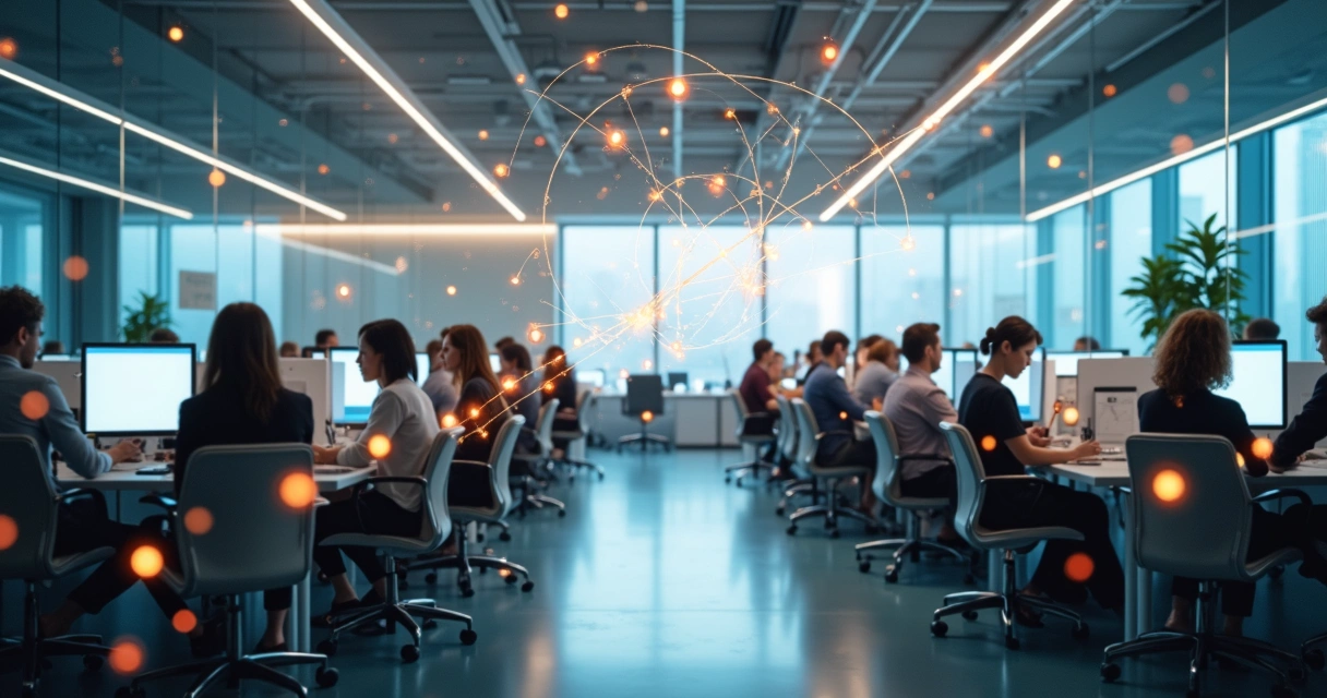 Abstract representation of interconnected people and forces in a workplace network 