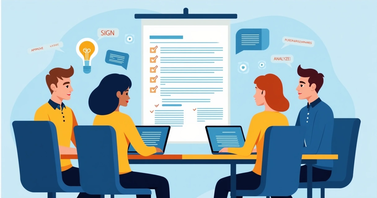 Diverse group of professionals collaborating on digital contracts 