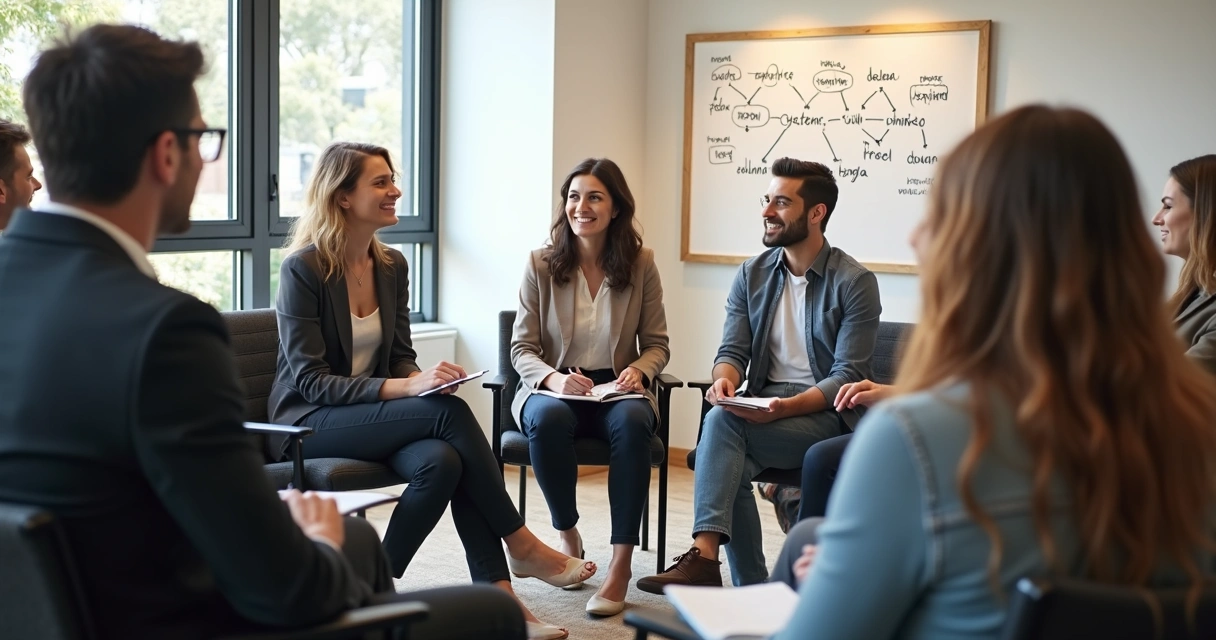 Team in a circle having a thoughtful discussion in a sunlit modern office