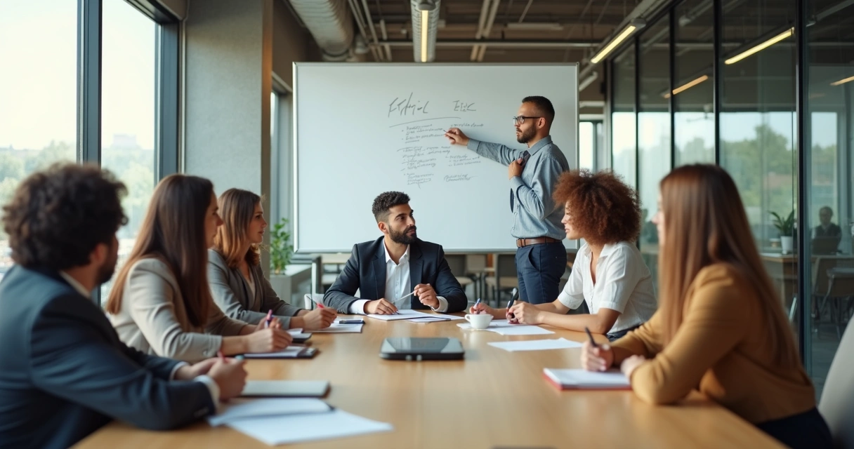 Coworkers gathered around a table in a bright meeting room, sharing ideas on a whiteboard 