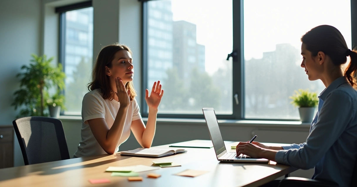 Colleague pausing before responding to a coworker during a meeting 