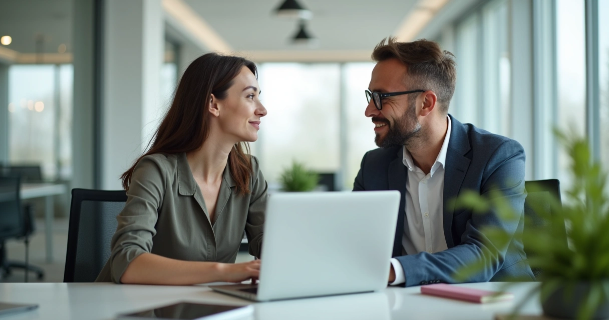 Two coworkers in business attire talking at a desk, one listening attentively as the other shares emotion