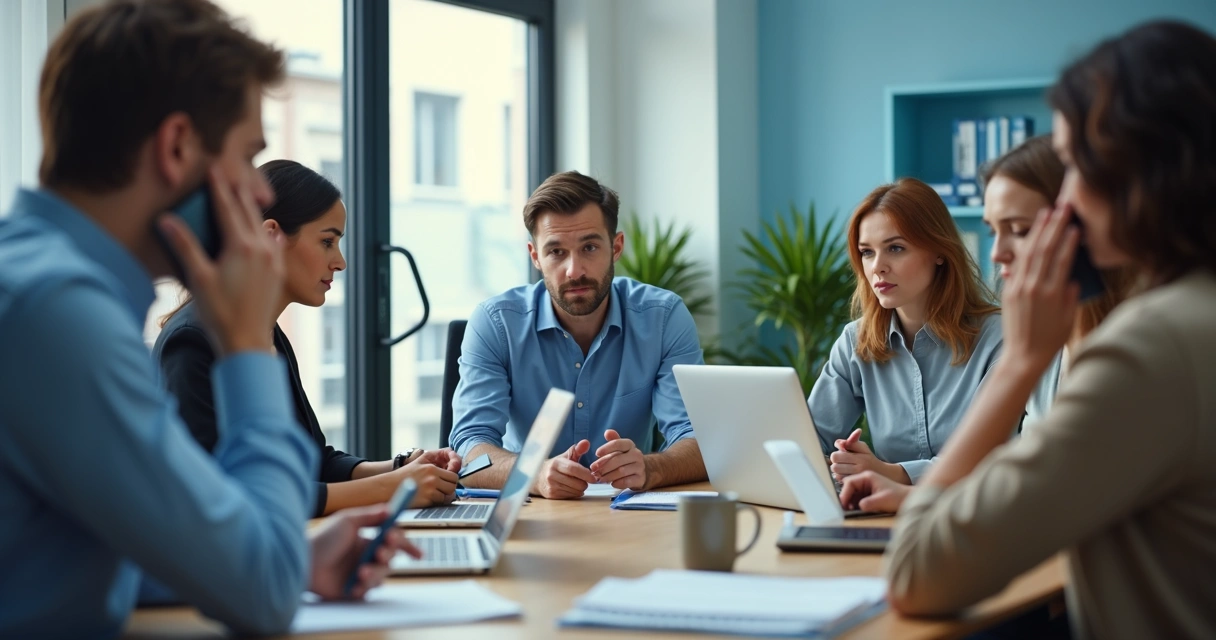 Office team connected through phones and chat notifications 