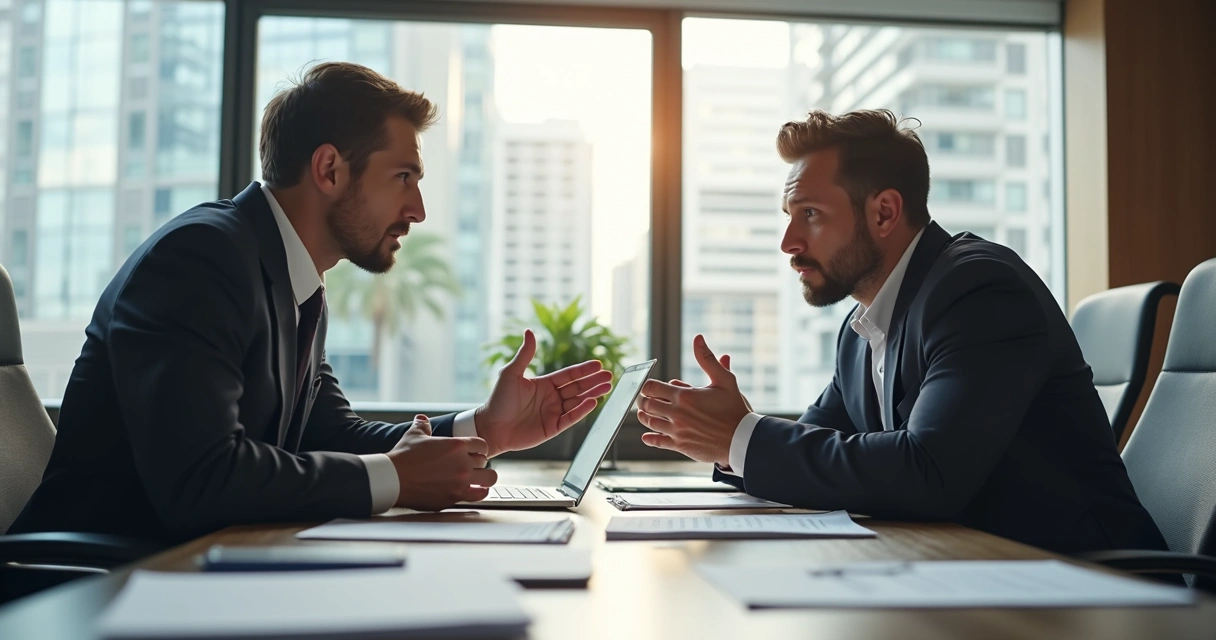 Two colleagues in a meeting room having a tense conversation 