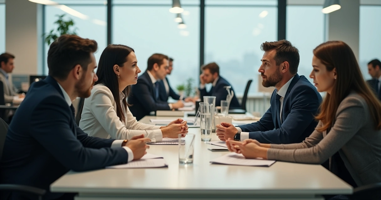 Two colleagues disagreeing at a table, others observing