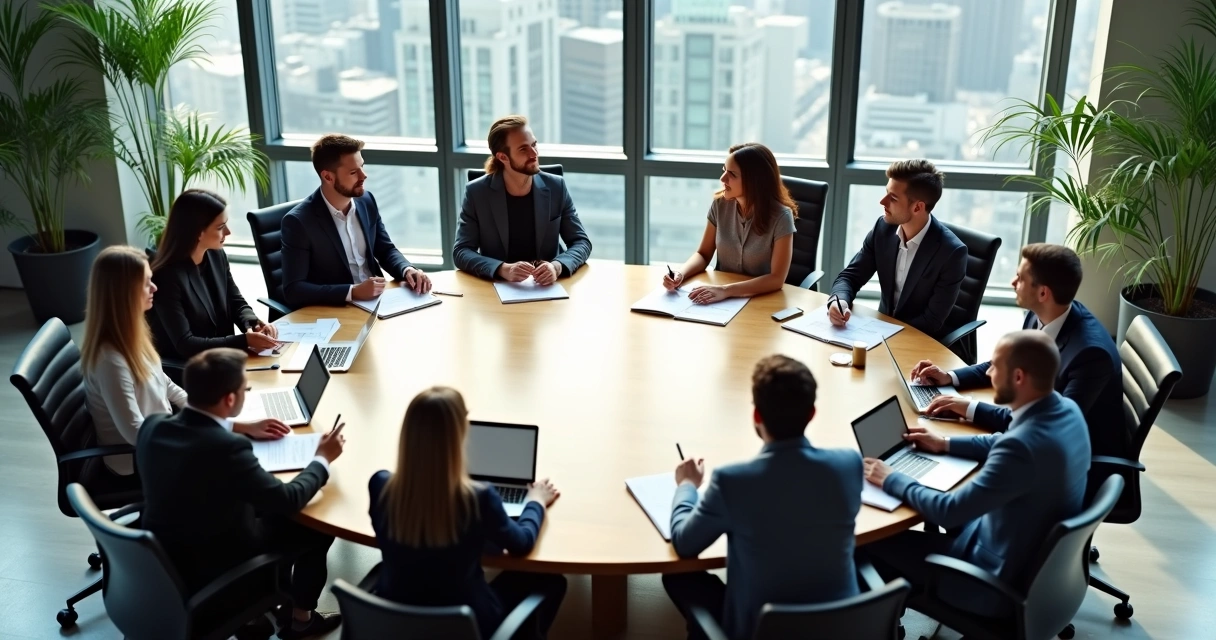 Team sitting around a table in discussion 