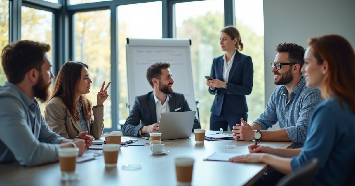 Team of professionals sitting around a table, discussing with documents and laptops visible 