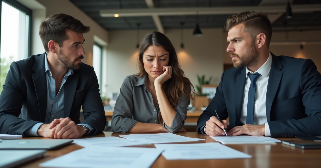 Three employees discussing a document at a table, one looking upset, others concerned