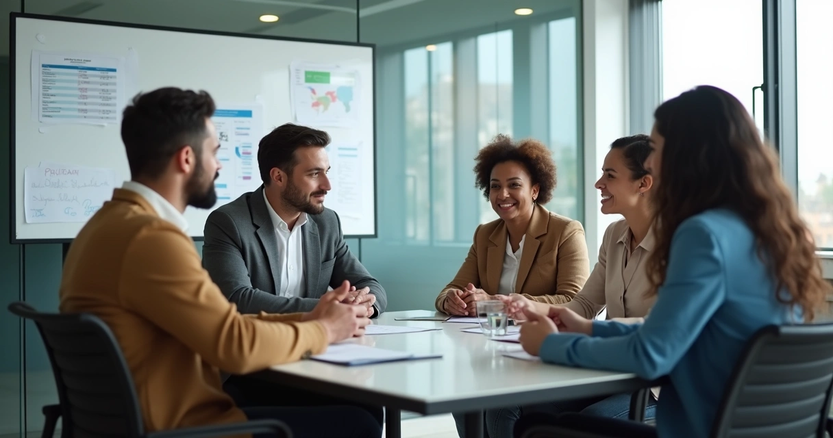 Diverse group in modern meeting room discussing ideas