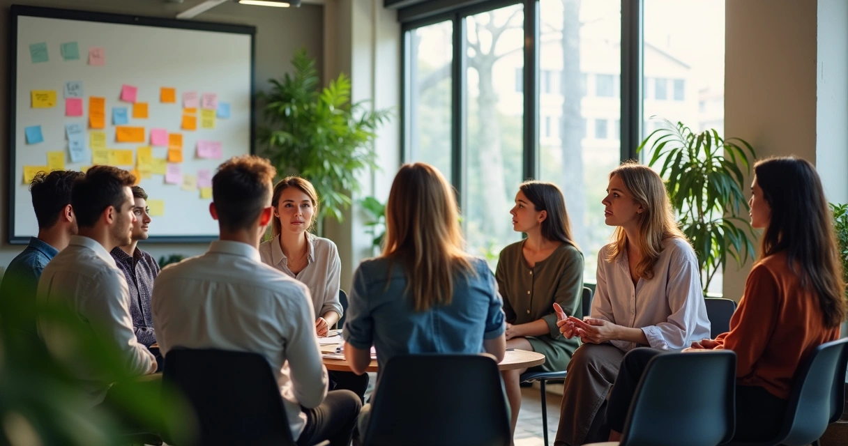 Colleagues in an office gathered in a circle having a serious conversation