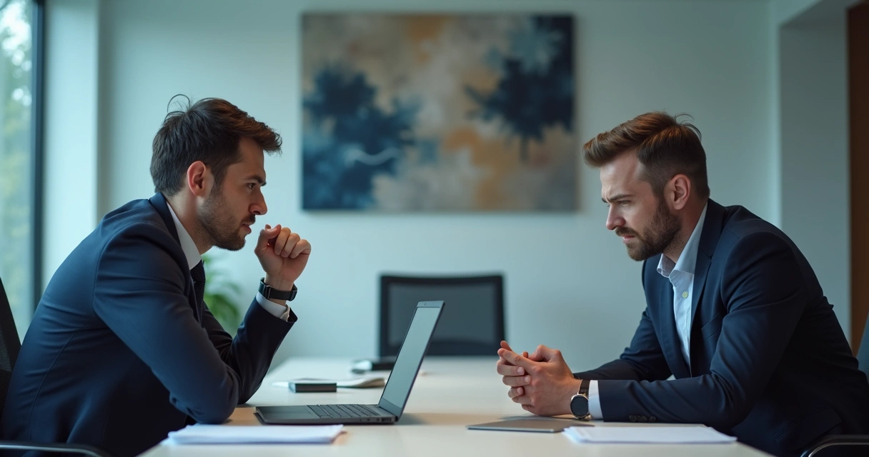 Two colleagues sitting at a table, tense and silent, with visible emotional tension between them