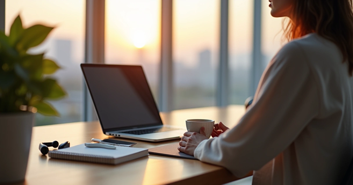 Person at office desk pausing for a mindful grounding ritual before starting work 