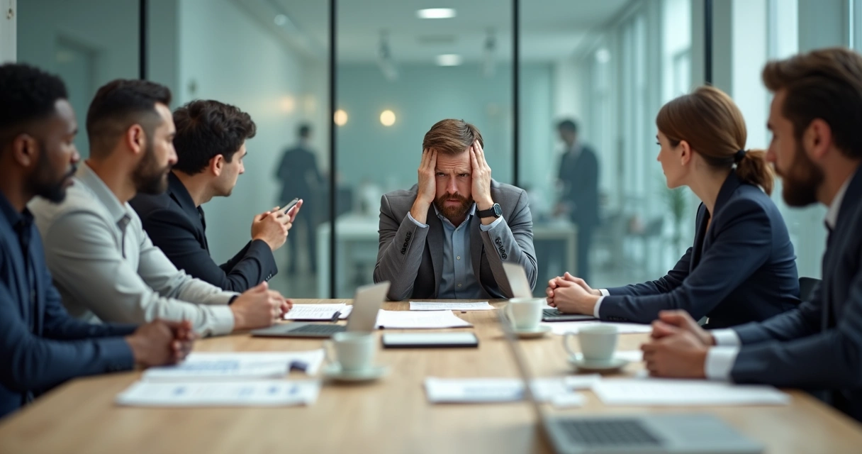 Stressed manager facing tense diverse team in modern office meeting 