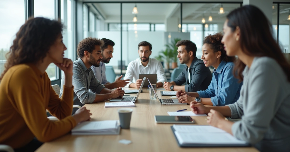 Colleagues discussing calmly at office table