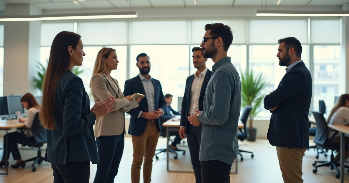 Office team in daily meeting circle with subtle emotional tension 