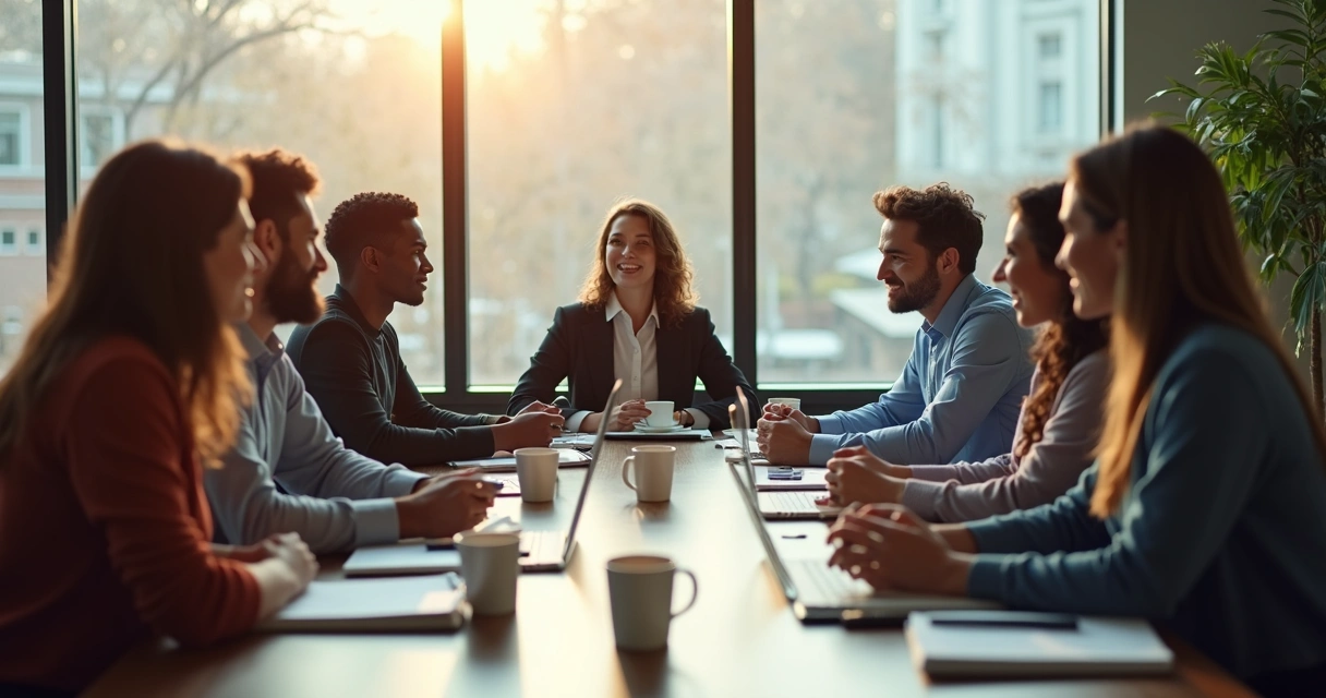 Colleagues in an office gathered for a supportive discussion 