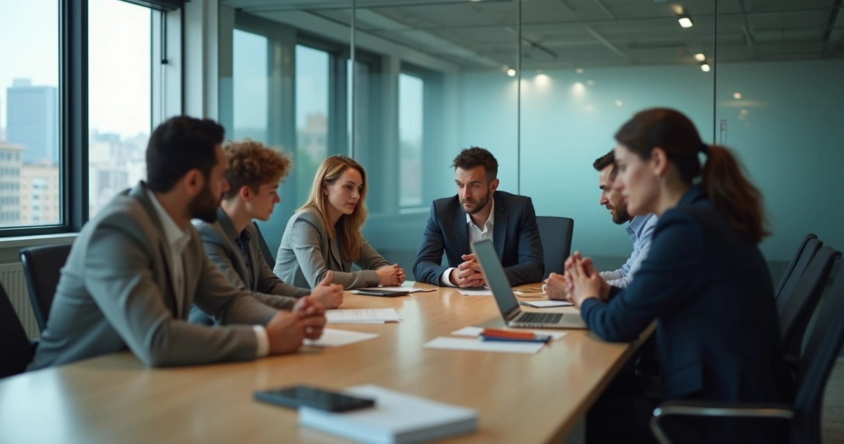 Diverse team in tense office meeting with emotional distance 