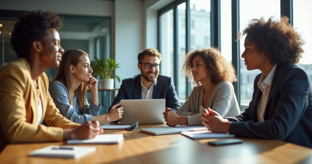 Diverse team in a relaxed office sharing attentive conversation around a table 