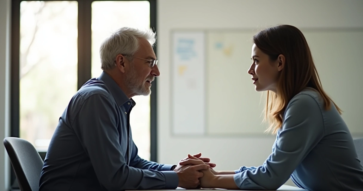 Manager giving honest feedback to employee in modern office